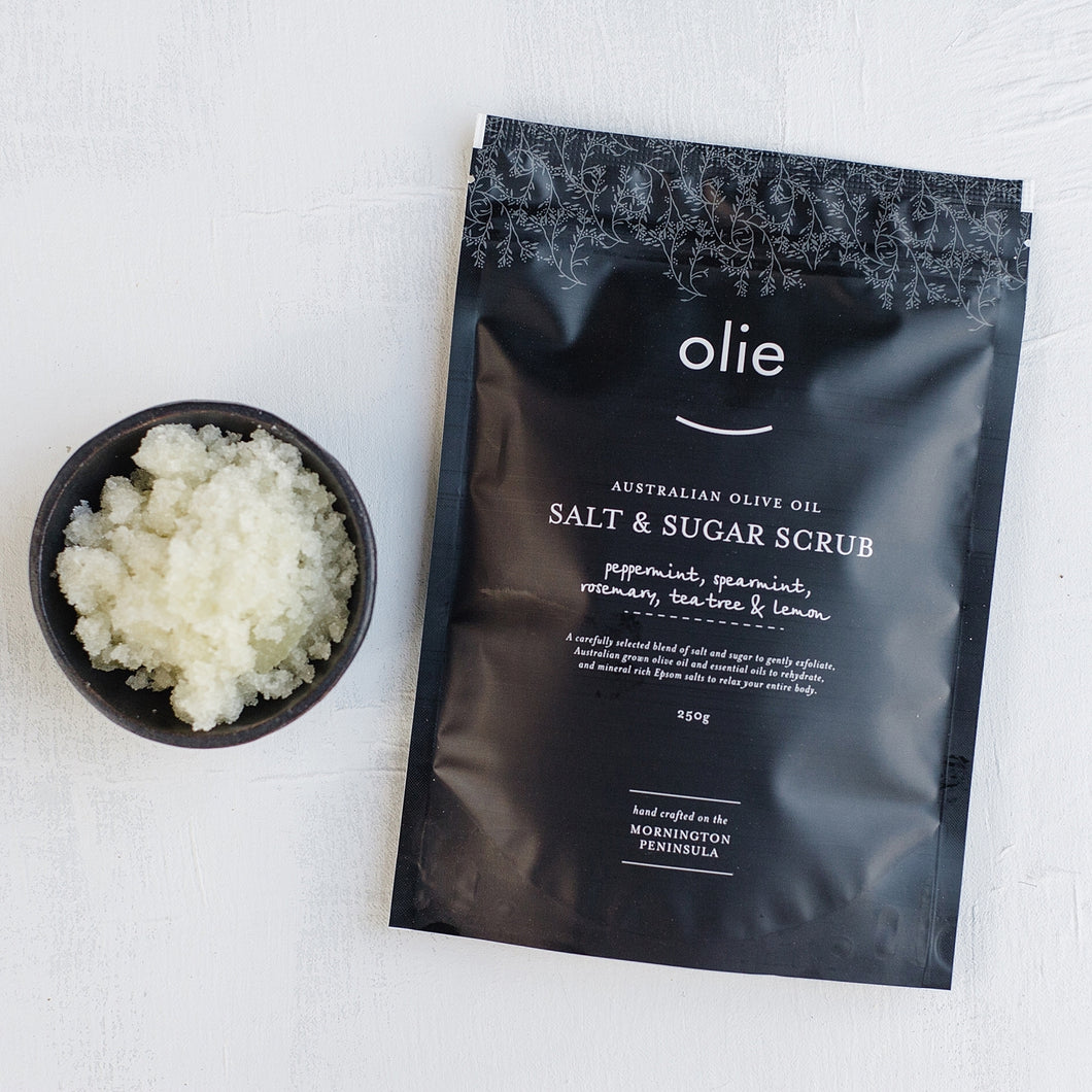 ** NEW ** Olieve & Ollie Salt & Sugar Scrub Pouch - Peppermint, Spearmint, Rosemary, Tea Tree & Lemon 250g